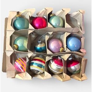 Vintage set of 11 plus top shiny brite ornaments Christmas USA Kitschy MCM Retro